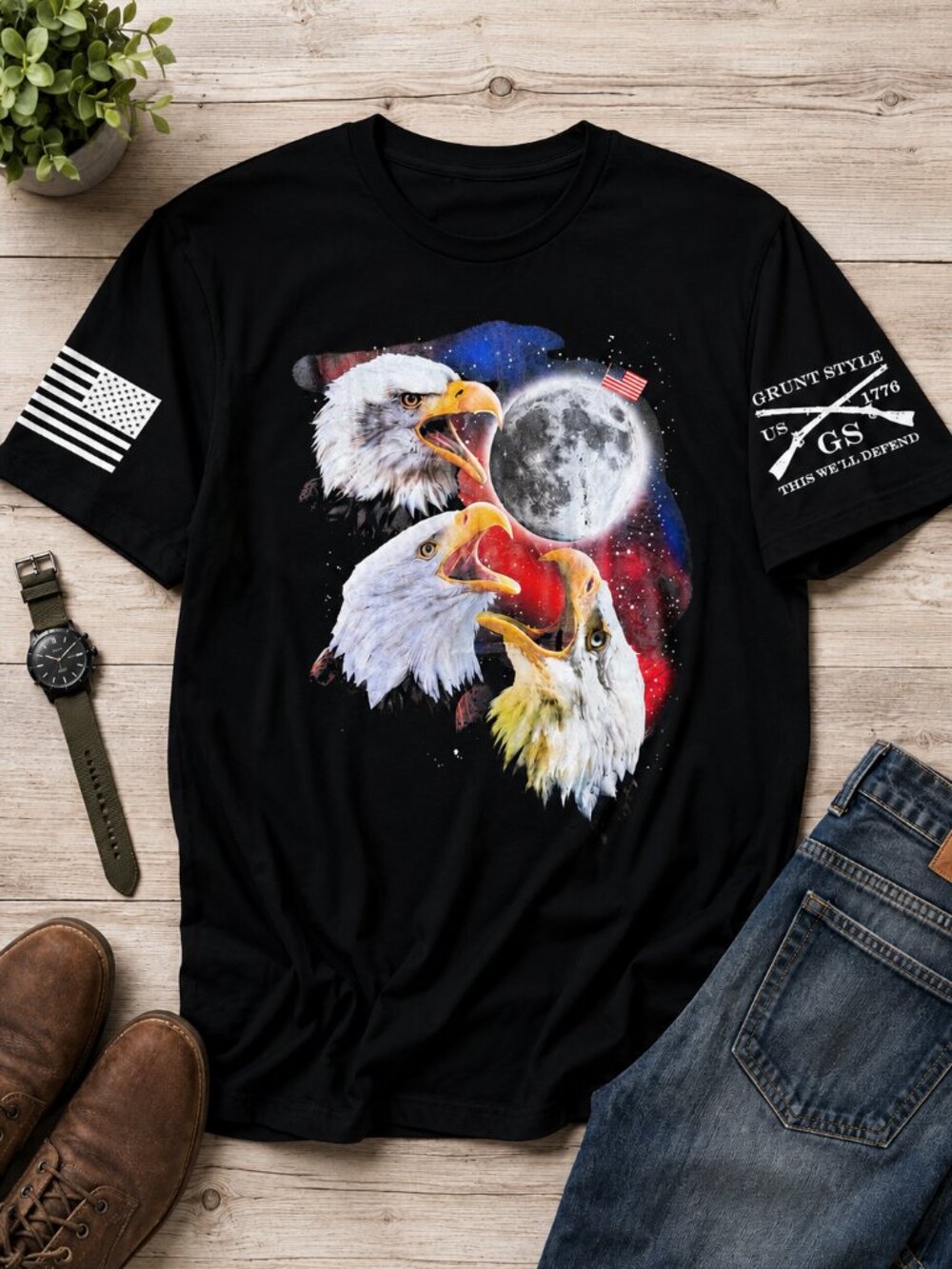 Grunt Style Freedom Eagle Moon Graphic T Shirt Black 2XL NWT Americano
